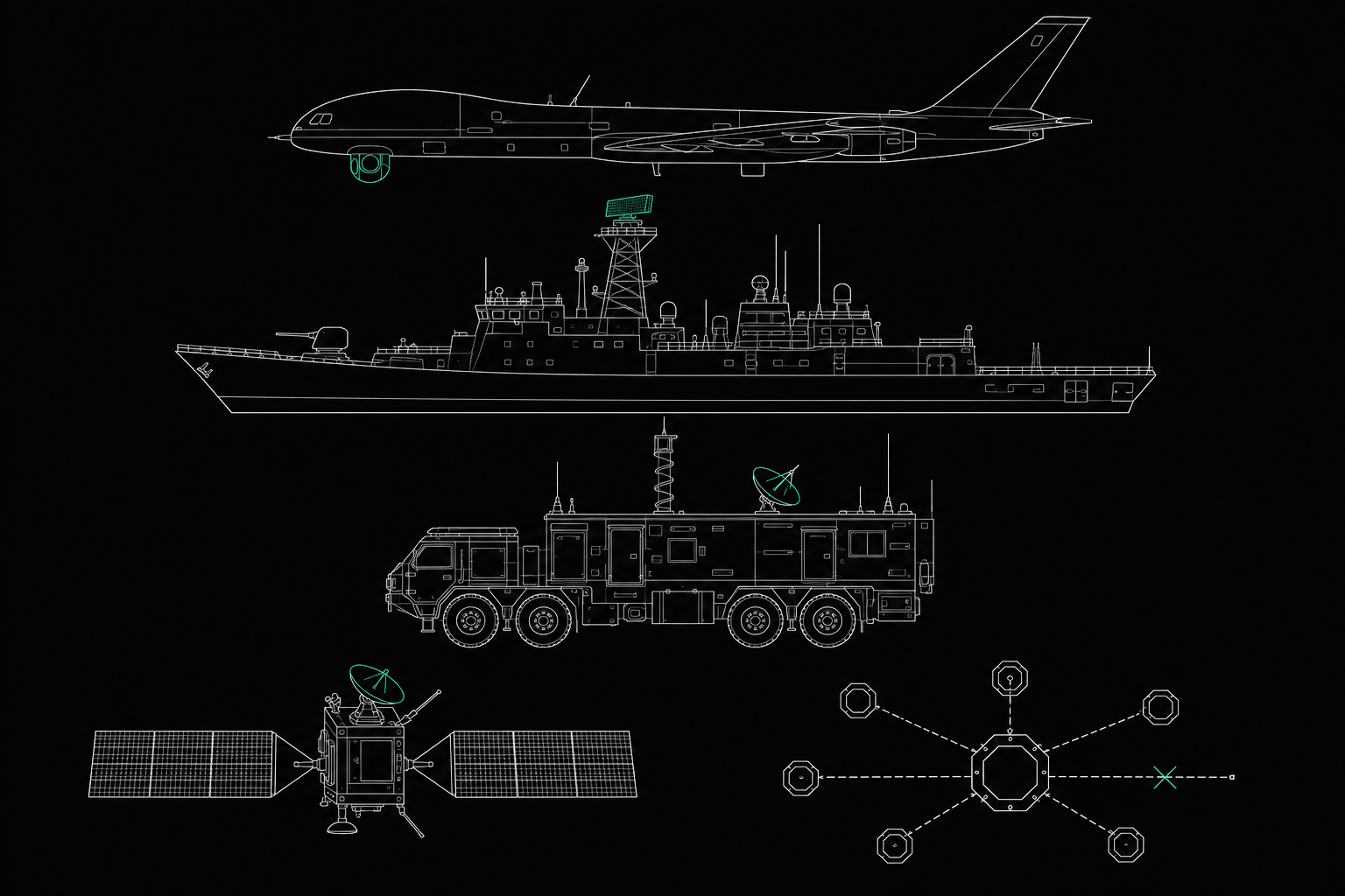 Astiron across every operating domain — a blueprint of an ISR aircraft (air), naval vessel (maritime), mobile command vehicle (land), satellite (space), and a secure network node with a blocked foreign link (cyber) — fused into one sovereign decision picture inside an air-gapped perimeter.