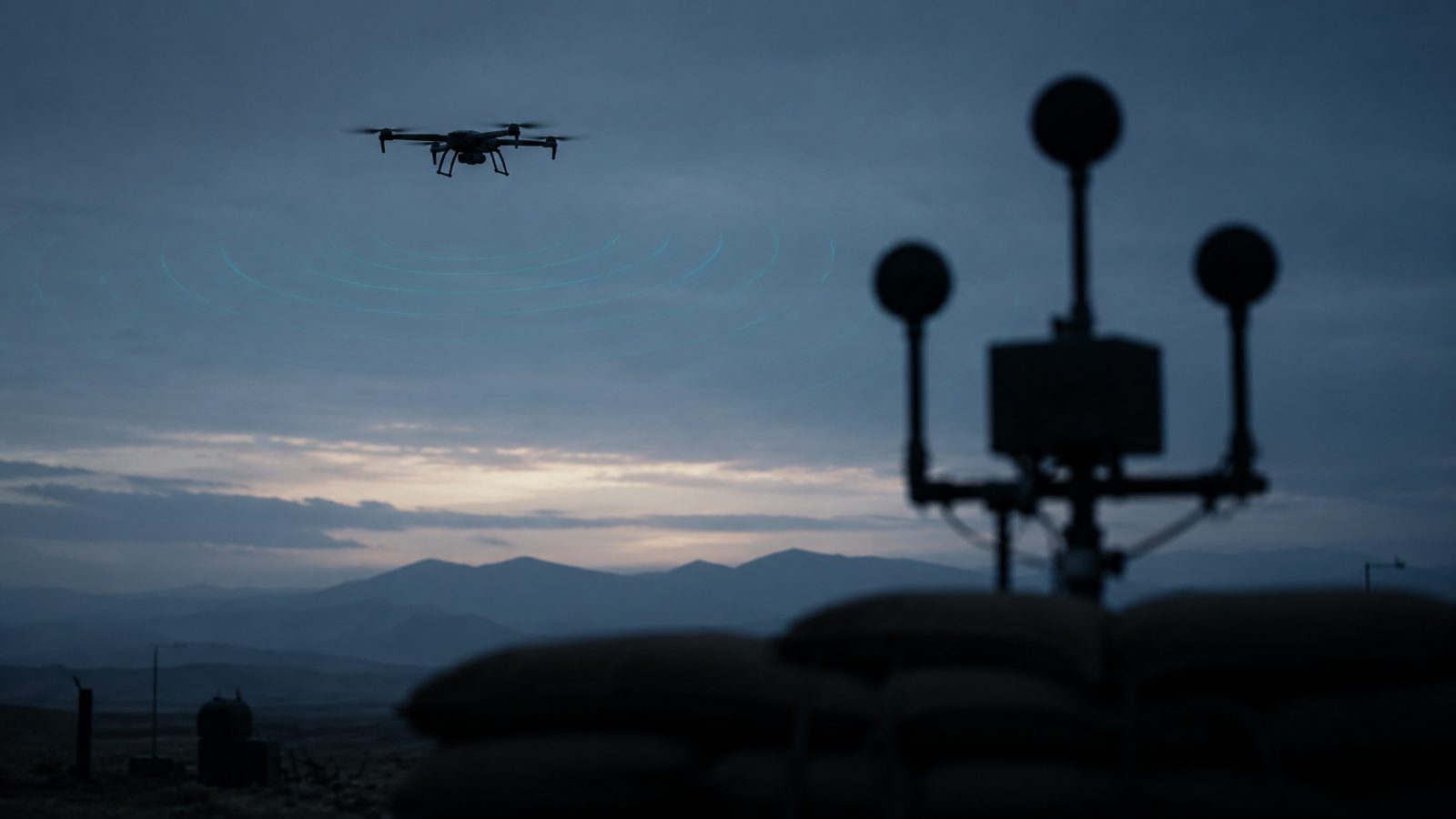 A small drone at dusk emitting faint acoustic ripples, watched by a passive acoustic sensor array at a forward outpost.