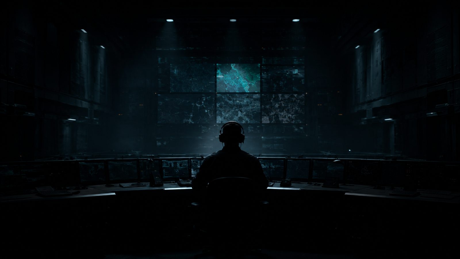 An operator at a console in a dark sovereign operations centre, facing a wall of dim situational-awareness displays.