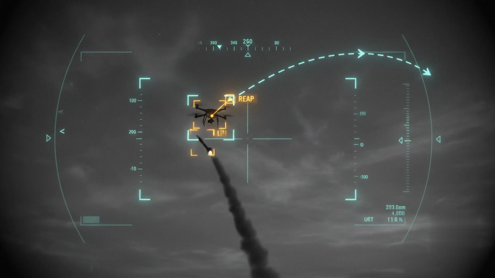 An electro-optical sensor's night view: a small drone locked inside a teal targeting reticle with a projected flight track, over a dark twilight sky.
